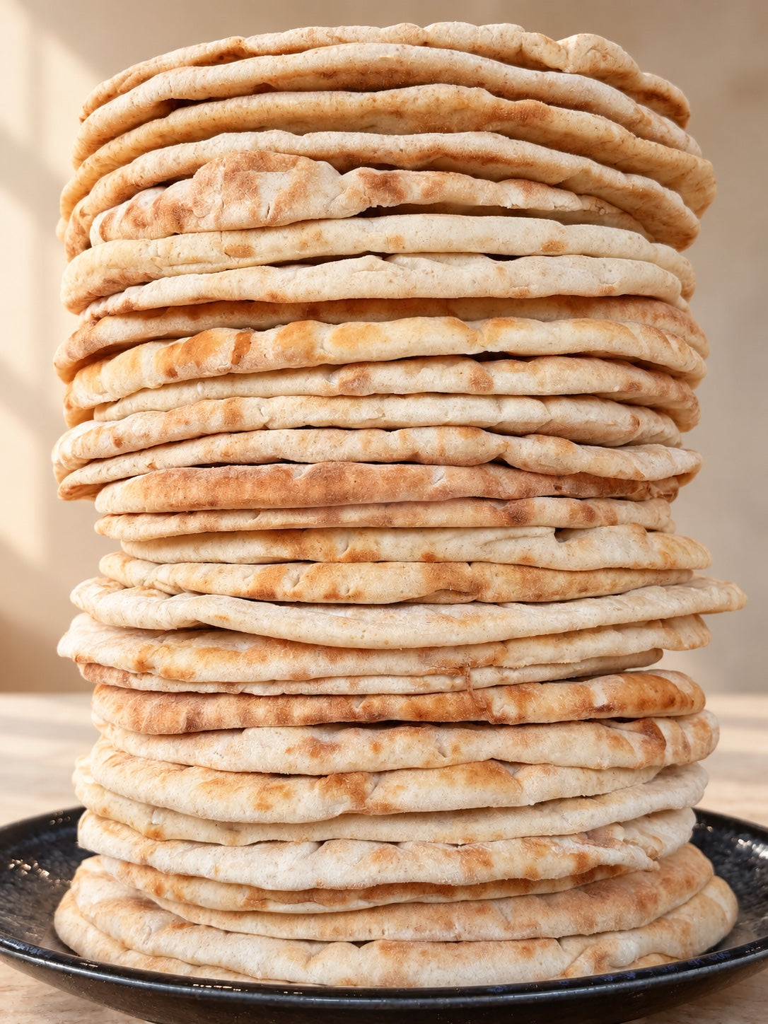 A tall stack of freshly baked Greek pita from the Kircos family bakery