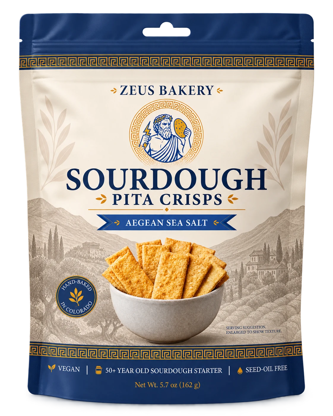 Zeus Bakery Aegean Sea Salt sourdough pita crisps in the navy, cream, and gold bag