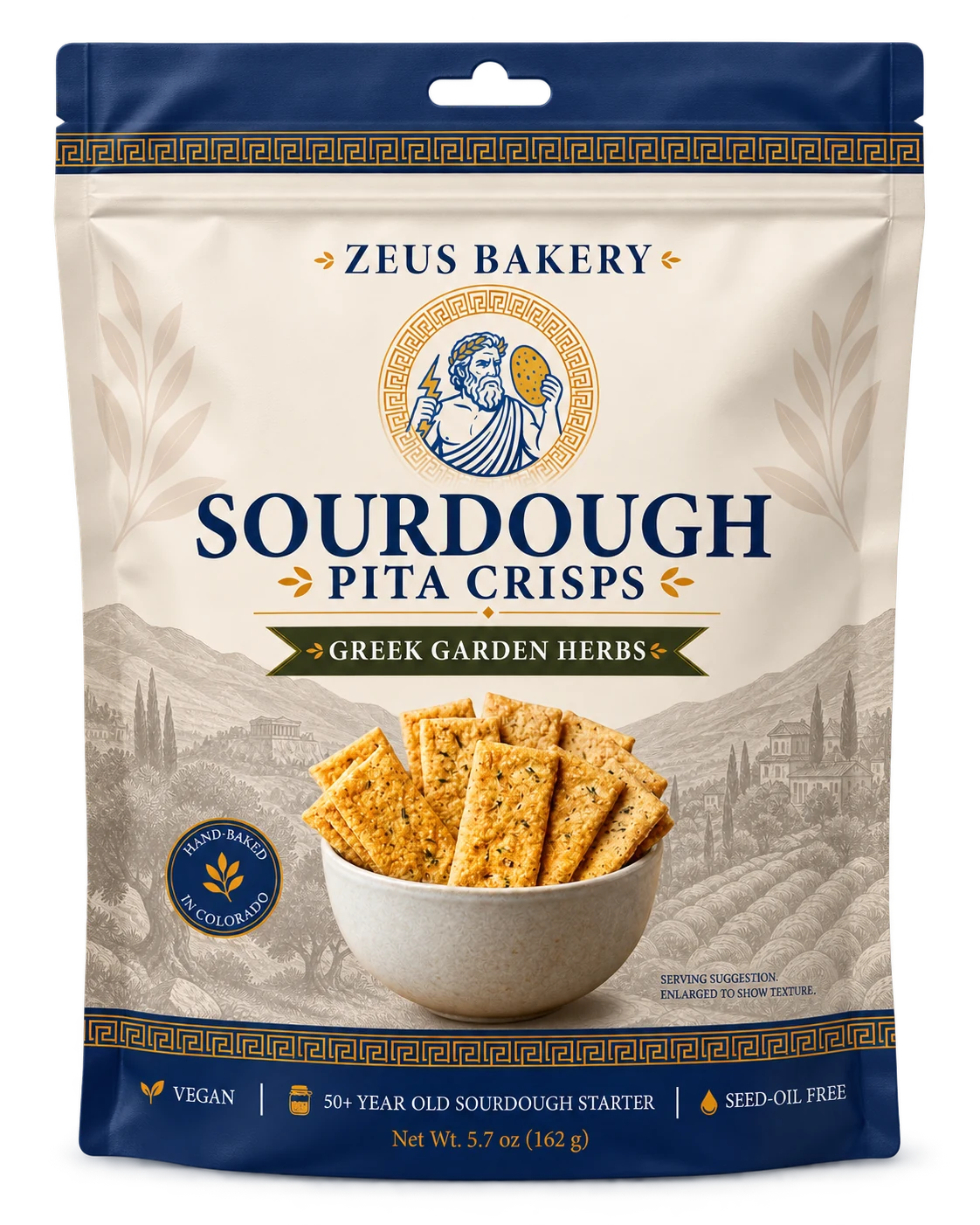 Zeus Bakery Greek Garden Herbs sourdough pita crisps with the green flavor ribbon